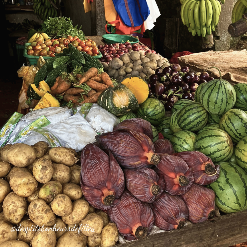 Un étal de marché remplis de légumes frais et de fruits colorés au Sri Lanka.